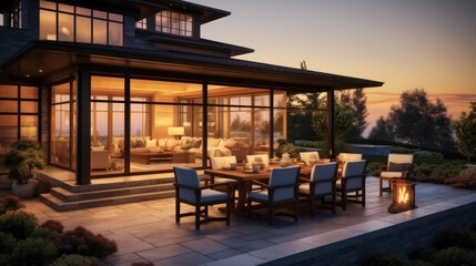 Obraz premium Beautiful luxury home exterior at sunset, Features large covered patio with outdoor furniture, Barbecue and table with chairs.