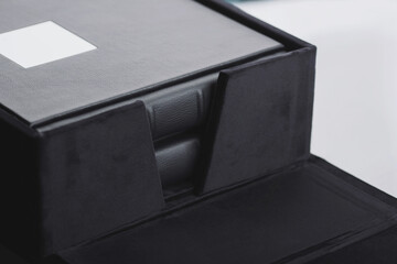 Two beautiful leather black bound books in box with soft fabric. Wedding photo book, family album....