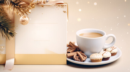 Christmas light beige background with bokeh and with a cup of coffee with a saucer and candies. Christmas gift with space for greeting text, decorated with gold ribbon and fir branches and baubles.