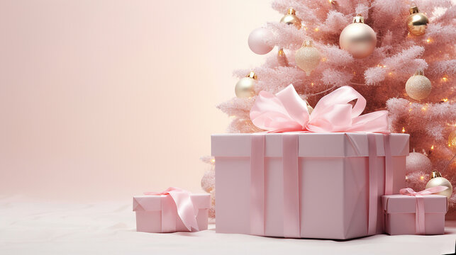 .Pink greeting Christmas background gift box with pink ribbon bow on a pink Christmas tree background with pink baubles and copy space on the side. Barbie style Christmas background