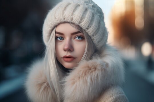 Russian girl winter clothes fur. Natural female portrait snow outdoor. Generate Ai