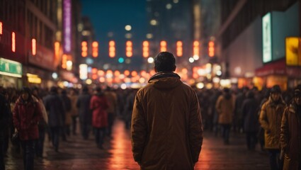 Depressed and Lonely man walking through the streets of a big city.