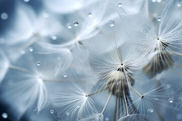 Naklejka premium Macro lens capturing the delicate dispersal of dandelion seeds, symbolizing nature's ingenious methods of propagation.