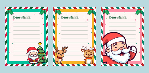 Set CollectionTemplate for Christmas Letter to Santa Claus: Christmas Character Illustration Vector of Reindeer, Santa, and Tree on a Decorated Paper Sheet
