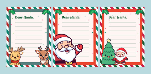 Reindeer, Santa, and Tree: Set CollectionTemplate for Christmas Letter to Santa Claus on a Decorated Paper Sheet with Christmas Character Illustration Vector
