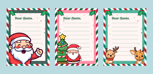 Christmas Letter to Santa Claus Set CollectionTemplate: Decorated Paper Sheet with Christmas Character Illustration Vector of reindeer, Santa, and tree
