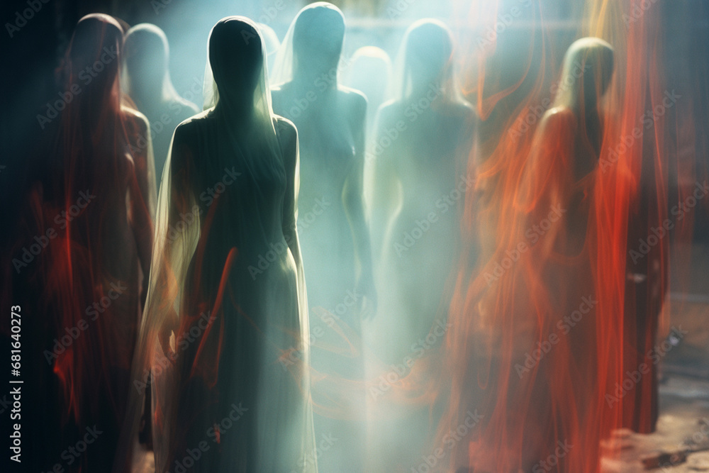 Poster abstract figures forming a spectral presence, suggesting the ethereal and timeless aspects of human 