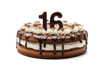 Sweet Sixteen Chocolate Cake on Transparent Background