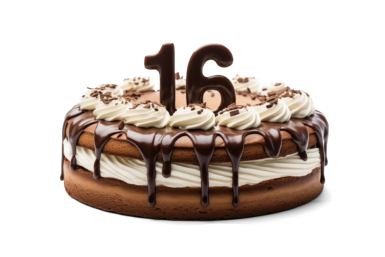 Sweet Sixteen Chocolate Cake on Transparent Background