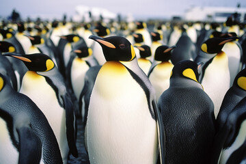 A charming image of penguins waddling in unison, radiating a sense of camaraderie, joy, and teamwork, suitable for team-building themes. - obrazy, fototapety, plakaty