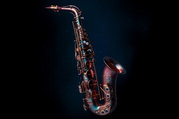 Fototapeta na wymiar Saxophone galaxy. Brass musical instrument on a dark background. Generate AI