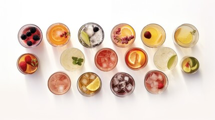 Many different types of cocktails on white background.