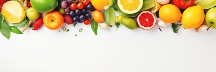 Healthy food concept. Fruits and vegetables on white background. Top view with copy-space.
