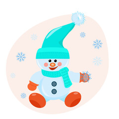 A cute snowman in a hat and knitted scarf holds a snowflake. Vector drawing