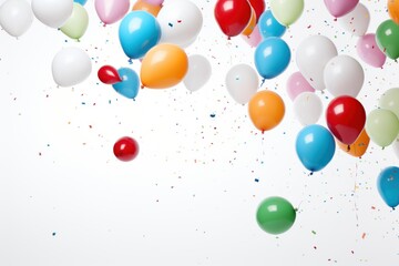 Colorful balloons flying in the air with confetti on white background