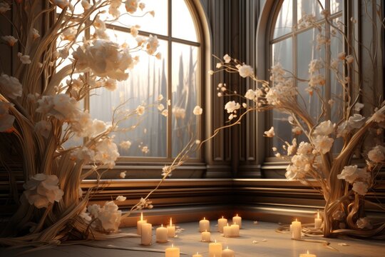 Enclosed room with white flowers in the style of enchanting lighting, Wedding backdrop, Wedding ceremony decoration.