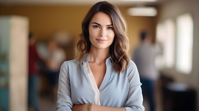 a photo portrait of a beautiful young female american school teacher standing in the classroom, students sitting and walking in the break, blurry background behind, Generative AI
