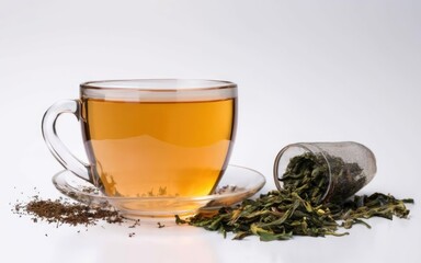 Green tea in glass cup with dry tea and leaves on white background