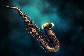 Naklejka premium Saxophone galaxy space. A jazz trumpet floats in a cosmic nebula. Generate AI