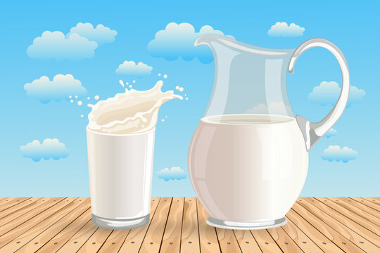 World Milk Day. A jug and a glass of milk on the background of a landscape with a cow. Banner, poster, vector