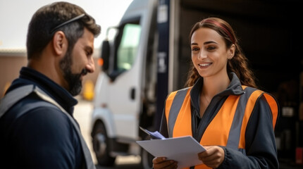 Arab truck driver in a conversation with logistics worker woman, They are in the process of signing paperwork for unloading the truck.