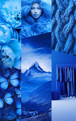 Inspiring fashion mood board. Collage with top colors photos. Blue aesthetic