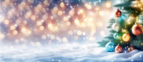 Christmas winter holiday festive banner. Xmas tree with snow decorated with colorful glass balls and garland lights on a blurred bokeh background.Merry Christmas,Happy New Year greeting.Generative AI