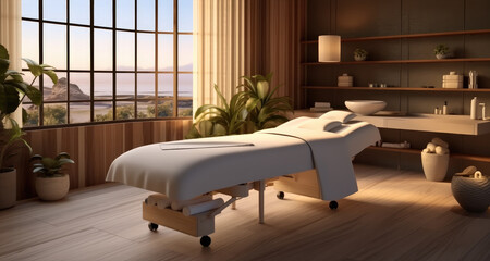 Massage table in spa salon with accessories.