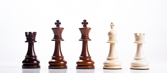 In an isolated white background, a wood chessboard is set up, representing the concept of strategy and power in the black and white game of chess. The knight, a symbol of the battle, stands beside the