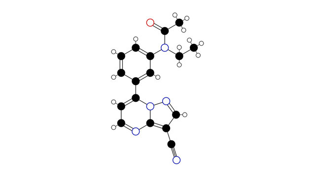zaleplon molecule, structural chemical formula, ball-and-stick model, isolated image sedative