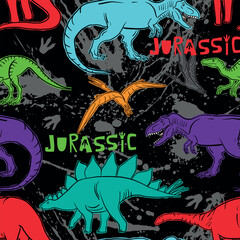 Seamless  bright  Dino pattern, print for T-shirts, textiles, wrapping paper, web. Original design with t-rex, dinosaur.  grunge design for boys and girls