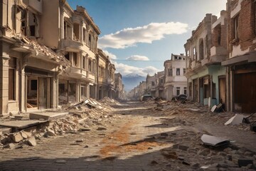 earthquake damage in an urban environment, with images, collapsed structures, and the overall city crisis
