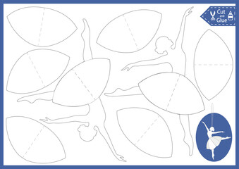 Craft for kids template cut and glue paper 3d ballerina. Children easy Christmas handmade papercraft. Education activity printable page. DIY toys cute princess birthday decor.