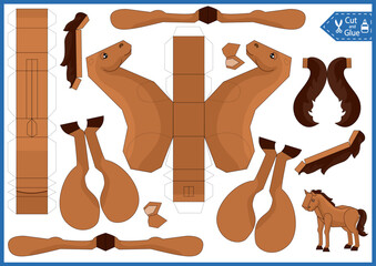 Craft for kids cut and glue paper 3d horse. Children papercraft template cute character. Education activity printable page. DIY model toys of funny farm animal.