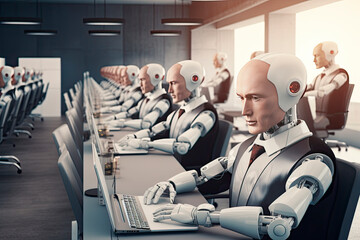 humanoid robots working in an office with computers - obrazy, fototapety, plakaty