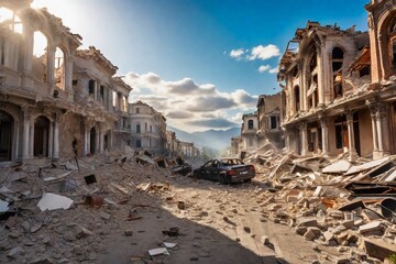 Witness the impact of seismic activity on a city as buildings crumble, tirelessly in the earthquake aftermath.