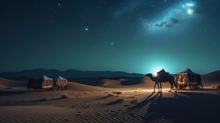 Rolgordijnen Desert Journey: Camels in Vast Sandy Dunes  Arid Adventure Landscape,  Nomadic Life: Exotic Camels in the Desert Wilderness Sahara,  Discover the scenic Sahara with a mesmerizing portrayal of camels  © ruslee