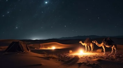 Schilderijen op glas Desert Journey: Camels in Vast Sandy Dunes  Arid Adventure Landscape,  Nomadic Life: Exotic Camels in the Desert Wilderness Sahara,  Discover the scenic Sahara with a mesmerizing portrayal of camels  © ruslee