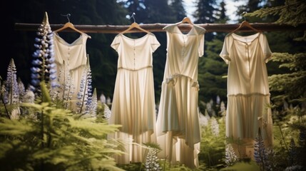 White long dress hung on the branch in garden, Eco-friendly, Ecological fashion.