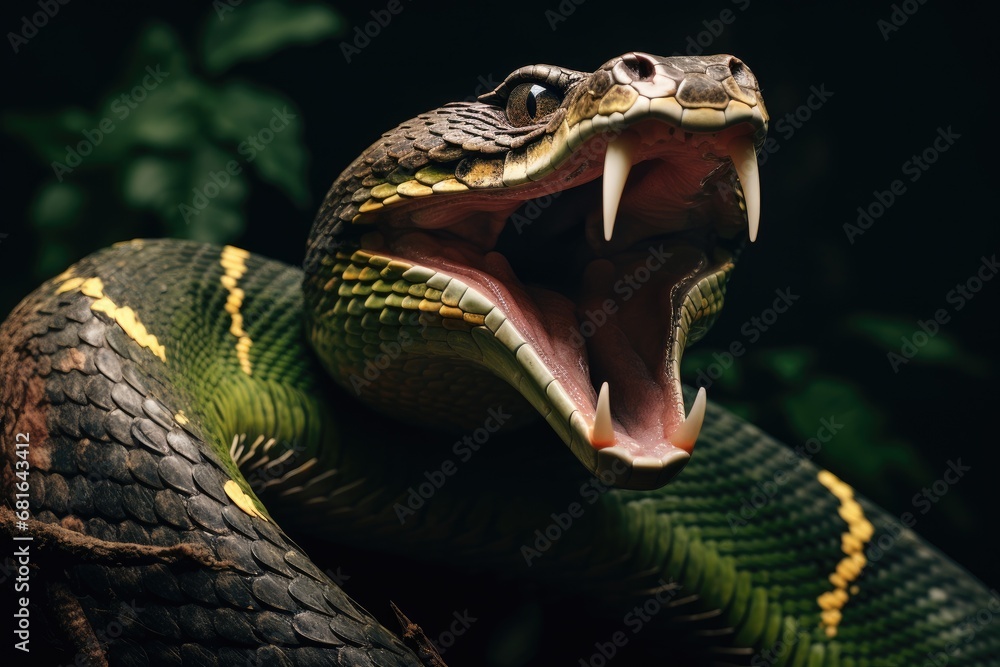 Poster close-up of a snake with open mouth and sharp teeth. a large snake with its mouth open and its tongu