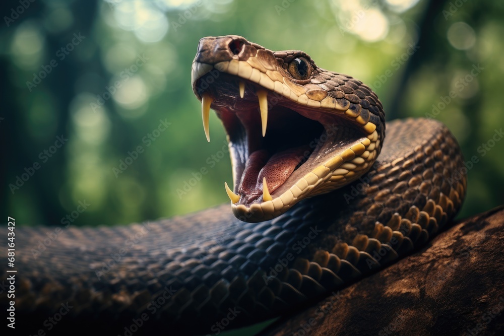Poster close up of a venomous snake with sharp teeth and open mouth, a large snake with its mouth open and 