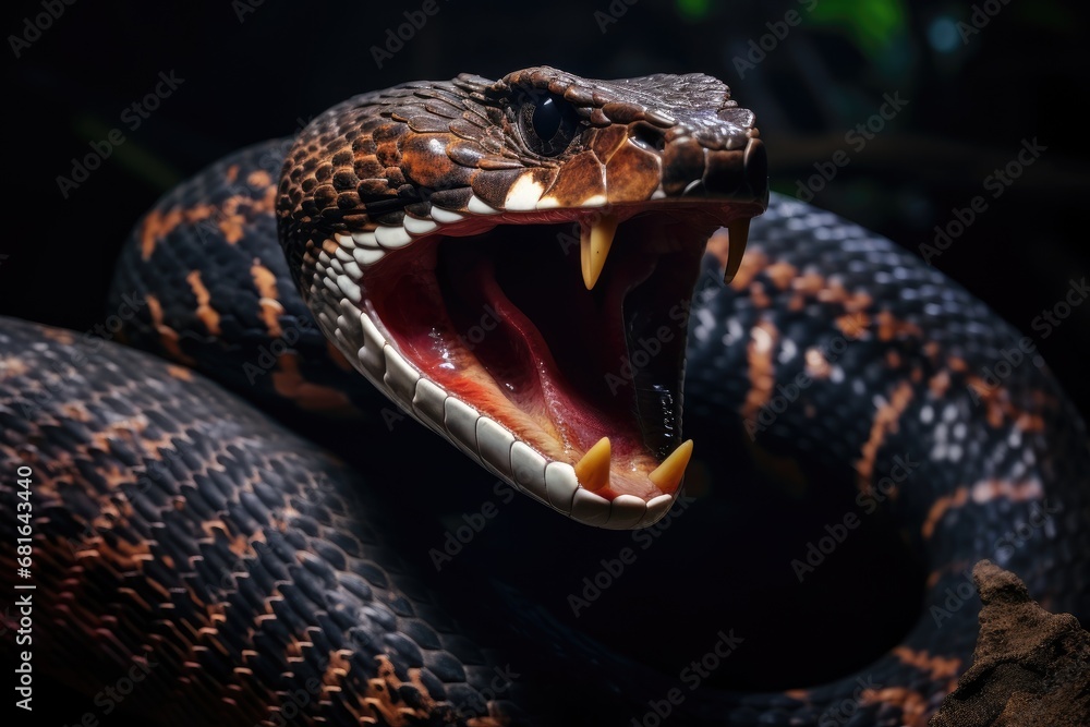 Poster close-up of the head of a pit viper with open mouth, a large snake with its mouth open and its tongu