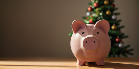 Piggy bank and christmas tree background.