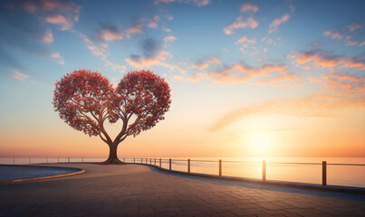 A beautiful sunny Valentine's Day with a lonely tree with a symbolic heart-shaped crown.
