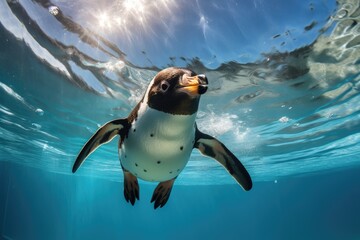 African penguin Spheniscus demersus swimming underwater, A penguin swimming in an aquarium with a blue sky, AI Generated - obrazy, fototapety, plakaty