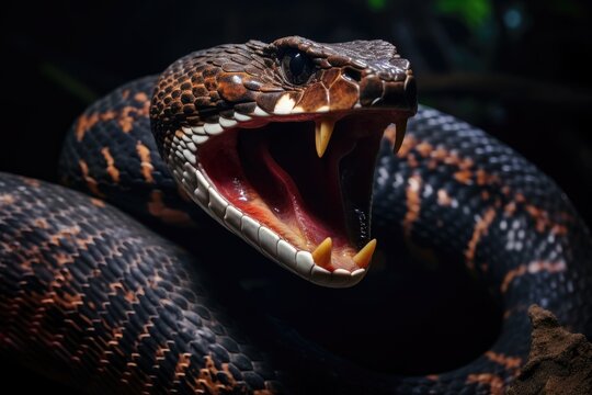 Close-up of the head of a pit viper with open mouth, a large snake with its mouth open and its tongue out, AI Generated