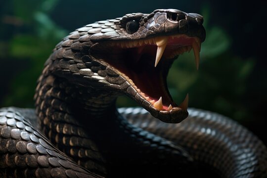 Close-up of a black jaguar snake with open mouth, a large snake with its mouth open and its tongue out, AI Generated