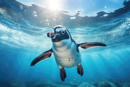African penguin Spheniscus demersus swimming underwater, A penguin swimming in an aquarium with a blue sky, AI Generated