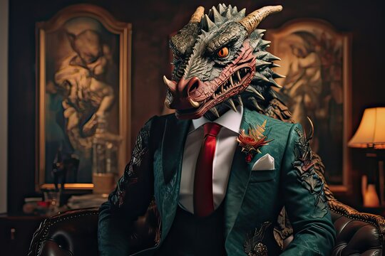 Dragon dressed in a classy modern suit, standing as a successful leader and a confident gentleman. Fashion portrait of an anthropomorphic animal, chimp, chimpanzee, posing with a charismatic