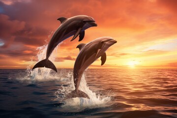 Dolphins jumping out of the water at sunset. 3d render, Beautiful bottlenose dolphins jumping out of sea at sunset, AI Generated